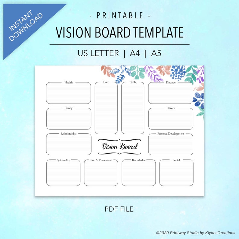 Vision Board Template Printable in floral theme for Bullet | Etsy