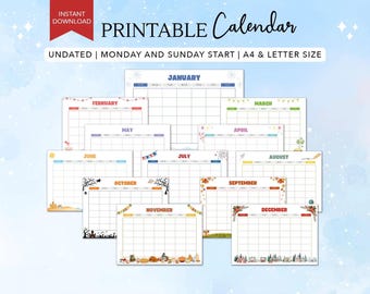 Calendario infantil imprimible: Planificador mensual sin fecha (descarga en PDF tamaño A4/Carta)
