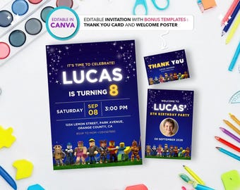 Plantilla de invitación de cumpleaños de Roblox: Conjunto editable para fiestas de juegos (Descarga digital de Canva)
