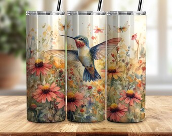 Hummingbird Floral Tumbler Wrap PNG, Sublimation Design (Digital Download)