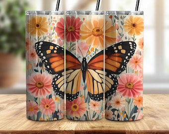 Diseño PNG para envolver vasos con estampado floral de mariposas, diseño para sublimación de vasos delgados de 20 oz (descarga digital)