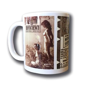 May include: White ceramic mug featuring a vintage magazine cover with a woman in a swimsuit. The magazine is called "Health and Efficiency" and is dated March 1949. The mug also has a vintage advertisement for "Nerve Sedative" on the side.