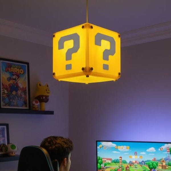 Question Mark Block Pendant Light, Retro Gaming Room Decor, Kids Ceiling Fixture