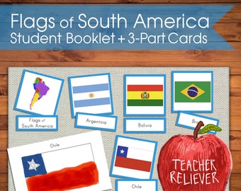 Three-Part Cards: Geography South America Country Flags + teach + Montessori Nomenclature + remote learning materials + cultural + reading