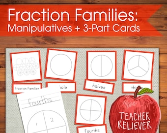 Carte in tre parti: Famiglie di frazioni + insegna le parole delle frazioni + nomenclatura Montessori + materiali per l'apprendimento a distanza + matematica + parti di un tutto