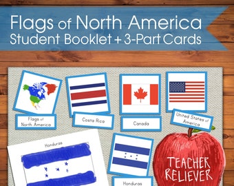 Three-Part Cards: Geography North America Country Flags + teach + Montessori Nomenclature + remote learning materials + cultural + reading