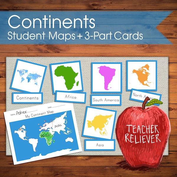 Three-Part Cards: Geography Continents + teach map skills + Montessori Nomenclature + remote learning materials + cultural + reading