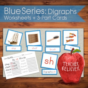 Tarjetas de tres partes: Serie Azul + enseñanza de dígrafos y combinación de palabras + Nomenclatura Montessori + materiales de aprendizaje remoto + lenguaje + lectura +