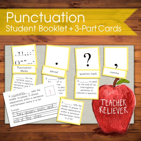 Three-Part Cards: Punctuation + teach writing mechanics + Montessori nomenclature + remote learning materials + language + read + write +