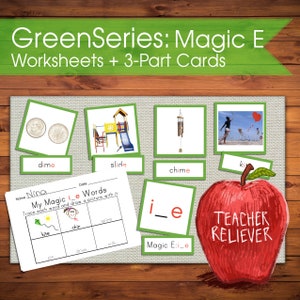 Three-Part Cards: Green Series + teach magic E & long vowel sounds + Montessori Nomenclature + remote learning materials + language + read +