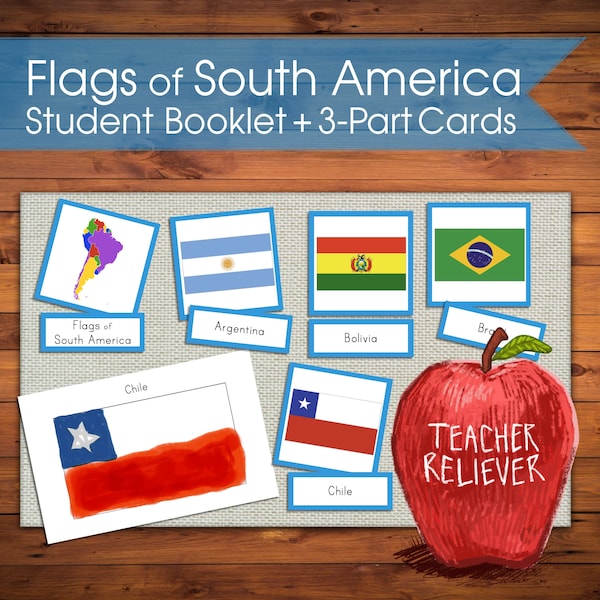 Three-Part Cards: Geography South America Country Flags + teach + Montessori Nomenclature + remote learning materials + cultural + reading