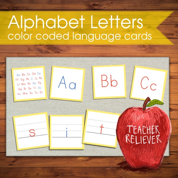 Color Coded Alphabet Cards: print and cursive letters + teach + Montessori Nomenclature + remote learning materials + cultural + reading