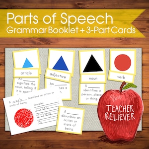 Three-Part Cards: Grammar + teach parts of speech + Montessori nomenclature + remote learning materials + language + read +