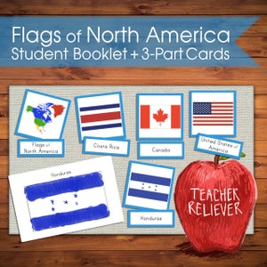 Cartões de três partes: Geografia Bandeiras dos países da América do Norte + ensino + Nomenclatura Montessori + materiais de aprendizagem remota + cultura + leitura