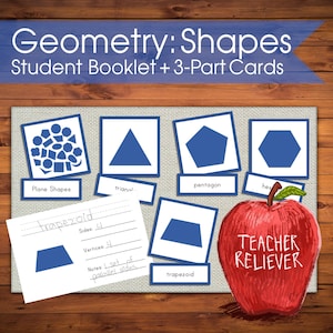 Cartões de três partes: Formas planas geométricas + ensino de noções básicas de 2D + Nomenclatura Montessori + materiais de aprendizagem remota + matemática + construção +
