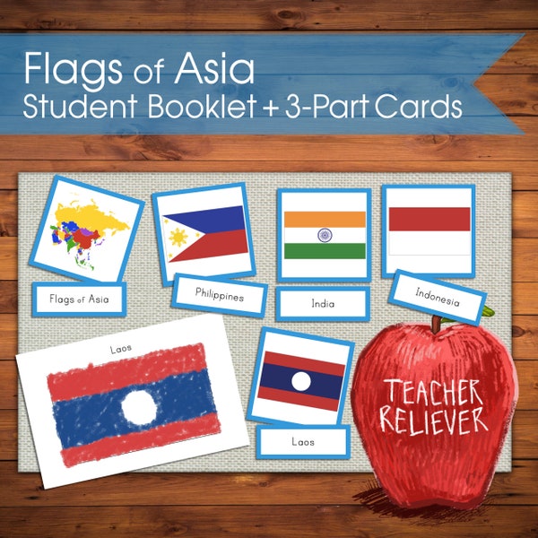 Three-Part Cards: Geography Asia Country Flags + teach + Montessori Nomenclature + remote learning materials + cultural + reading