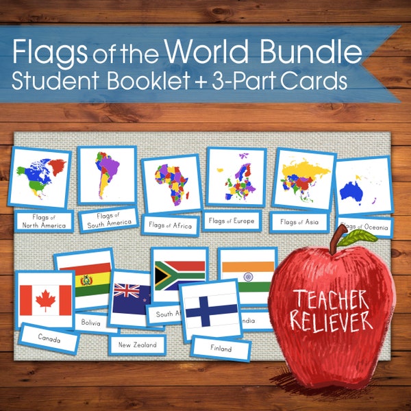 Three-Part Cards: Geography World Country Flags Bundle + teach + Montessori Nomenclature + remote learning materials + cultural + reading