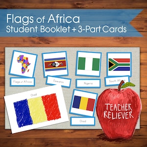 Driedelige kaarten: Aardrijkskunde Afrika Landvlaggen + lesgeven + Montessori-nomenclatuur + leermateriaal op afstand + cultureel + lezen