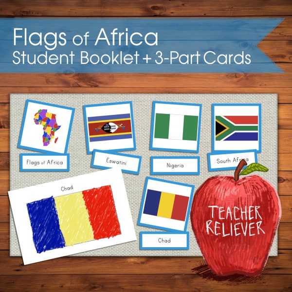 Three-Part Cards: Geography Africa Country Flags + teach + Montessori Nomenclature + remote learning materials + cultural + reading