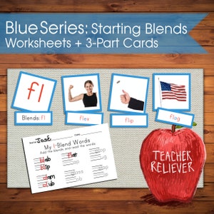 Three-Part Cards: Blue Series + teach beginning blends in words + Montessori Nomenclature + remote learning materials + language + read +