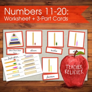 Carte in tre parti: scala corta con perline + insegna parole e numeri per adolescenti + nomenclatura Montessori + materiali per l'apprendimento a distanza + matematica + conteggio