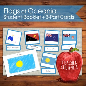 Cartões de três partes: Geografia Oceania Bandeiras dos países + ensino + Nomenclatura Montessori + materiais de aprendizagem remota + cultural + leitura