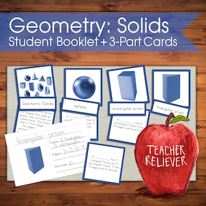Cartões de três partes: Sólidos de geometria + sólidos de ensino + Nomenclatura Montessori + materiais de aprendizagem remota + matemática + construção +