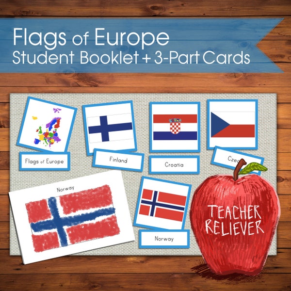 Three-Part Cards: Geography Europe Country Flags + teach + Montessori Nomenclature + remote learning materials + cultural + reading