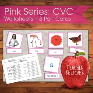 Tarjetas de tres partes: Serie Rosa + enseñanza de vocales y palabras CVC + Nomenclatura Montessori + materiales de aprendizaje remoto + lenguaje + lectura +