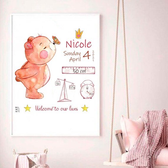 Natalicio bebé personalizado en rosa, Regalo recién nacido