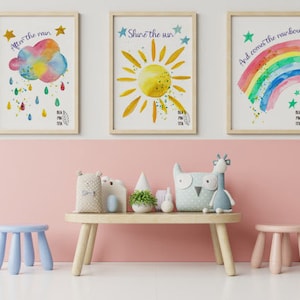 Cuadros habitación infantil, láminas decorativas infantiles, láminas alegres para la pared, decoración infantil, lluvia sol arcoiris