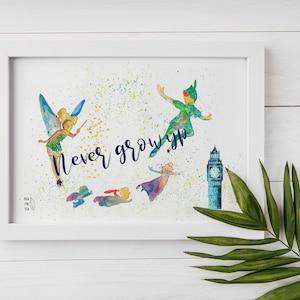 Never grow up poster, Never grow up for children's room, Peter Pan illustration, children's room decoration, poster for a baby room