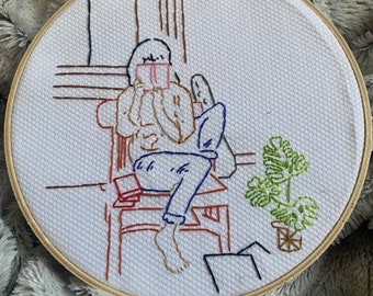 Girl Reading Embroidery, Colorful Embroidery, Custom Embroidery, Handmade, Handmade Embroidery, Embroidery, Go Away I'm Reading