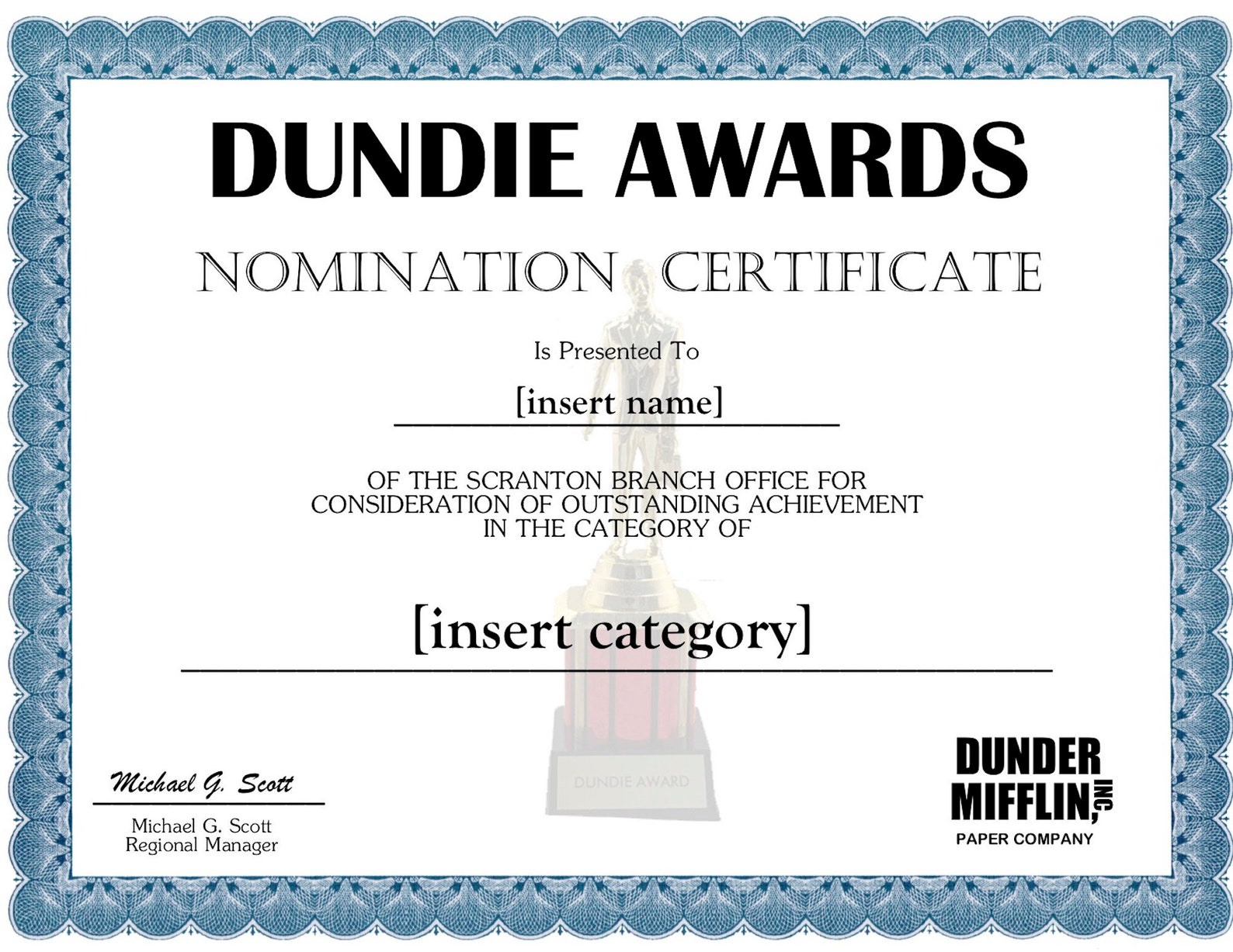 Dundie Award Certificates the Office I Customizable Digital Download Etsy