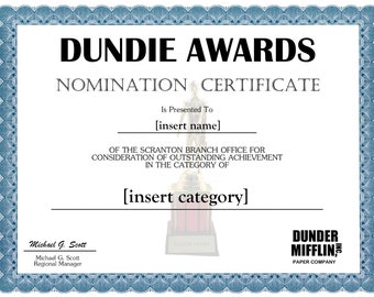 Dundie Awards Certificate - the Office TV Printable Certificate - Tv ...