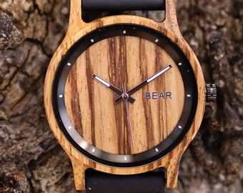 Montre en bois Zebrano pour homme ou femme | Édition 44 mm | Conception britannique | Ours grizzli | Cadeau pour lui | Gravure personnelle disponible