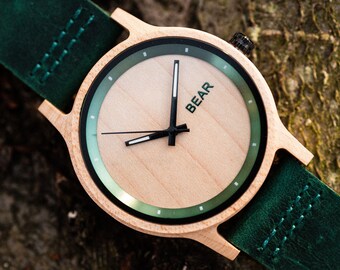 Maple Wooden Watch for Men or Women | 44mm Edition | UK Design | Andean Bear | Gift for him | Personalise Engravement Available