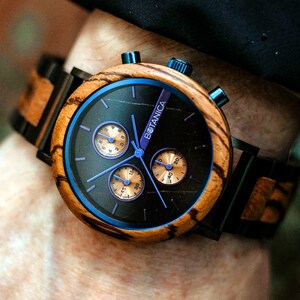 Botanica Wooden Watches | Dahlia | Zebrano Wood and Steel Watch for Men or Women | 44mm Edition | UK Design | Chronograph Movement