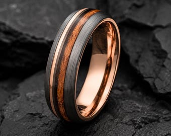 Whiskey Barrel & Rosegold Tungsten Steel Ring | 6mm | Unique Wedding Band and Gift | Mens and Womens Jewellery | Personalised Engravement