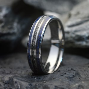 Mens Tungsten Ring | Lapis Lazuli & Meteorite Stone 6MM | Unique Gift or Wedding Band image 1