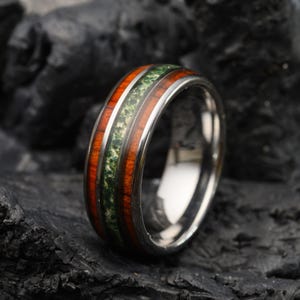 Tungsten Wedding Band for Men – Unique Eco-Friendly Gift, Rosewood & Moss Agate Silver Ring 8mm