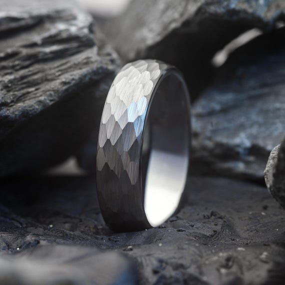 Mens Silver Tungsten Ring | Hammered Steel | 6MM | Unique Gift or Wedding Band