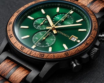 Chronograph Wooden Watch for Men – Unique, Eco-Friendly Gift, Walnut Wood & Green Timepiece | Turing