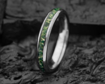 Moss Agate & Silver Tungsten Steel Ring | 4mm | Unique Wedding Band and Gift | Mens and Womens Jewellery | Personalised Engravement