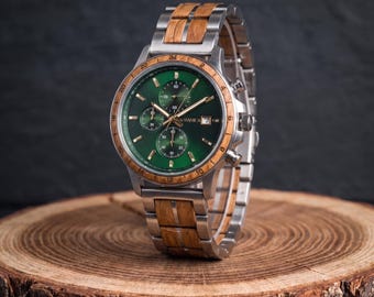 Mens Wooden Watch | Stainless Steel & Whiskey Wood - Green Face | 44mm | Waterproof | Unique Gift for Him | Chronograph Quartz Movement