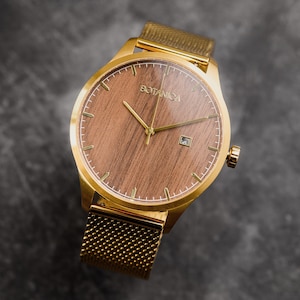 Walnut Wood and Gold Stainless Steel Watch for Men or Women | 42mm Edition | UK Design | Water Resistant 5ATM | Helios