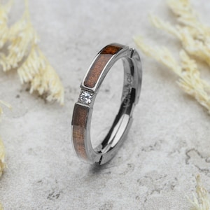 Women's Wedding Band | Silver Titanium Ring with Walnut Wood & Zirconia | 4mm