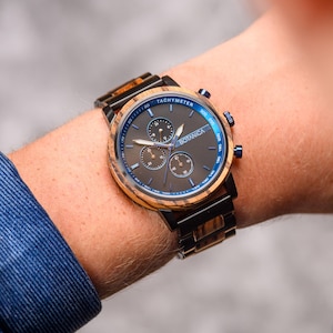Men&#39;s Chronograph Wooden Watch - Zebrawood and Blue | Stainless Steel Case | Luxury Handmade Gift for Him | 44mm | Watch Collectors