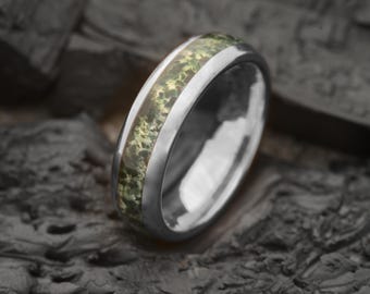 Moss Agate & Silver Tungsten Steel Ring | 6mm | Unique Wedding Band and Gift | Mens and Womens Jewellery | Personalised Engravement