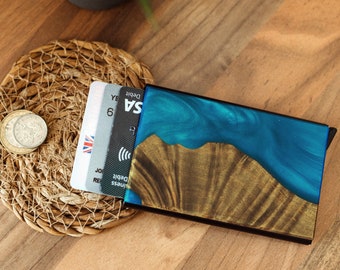 Wood & Resin Pop-up Wallet | Minimalist Card Holder and money clip | Unique Gift | Personal Engraving | RFID Protection